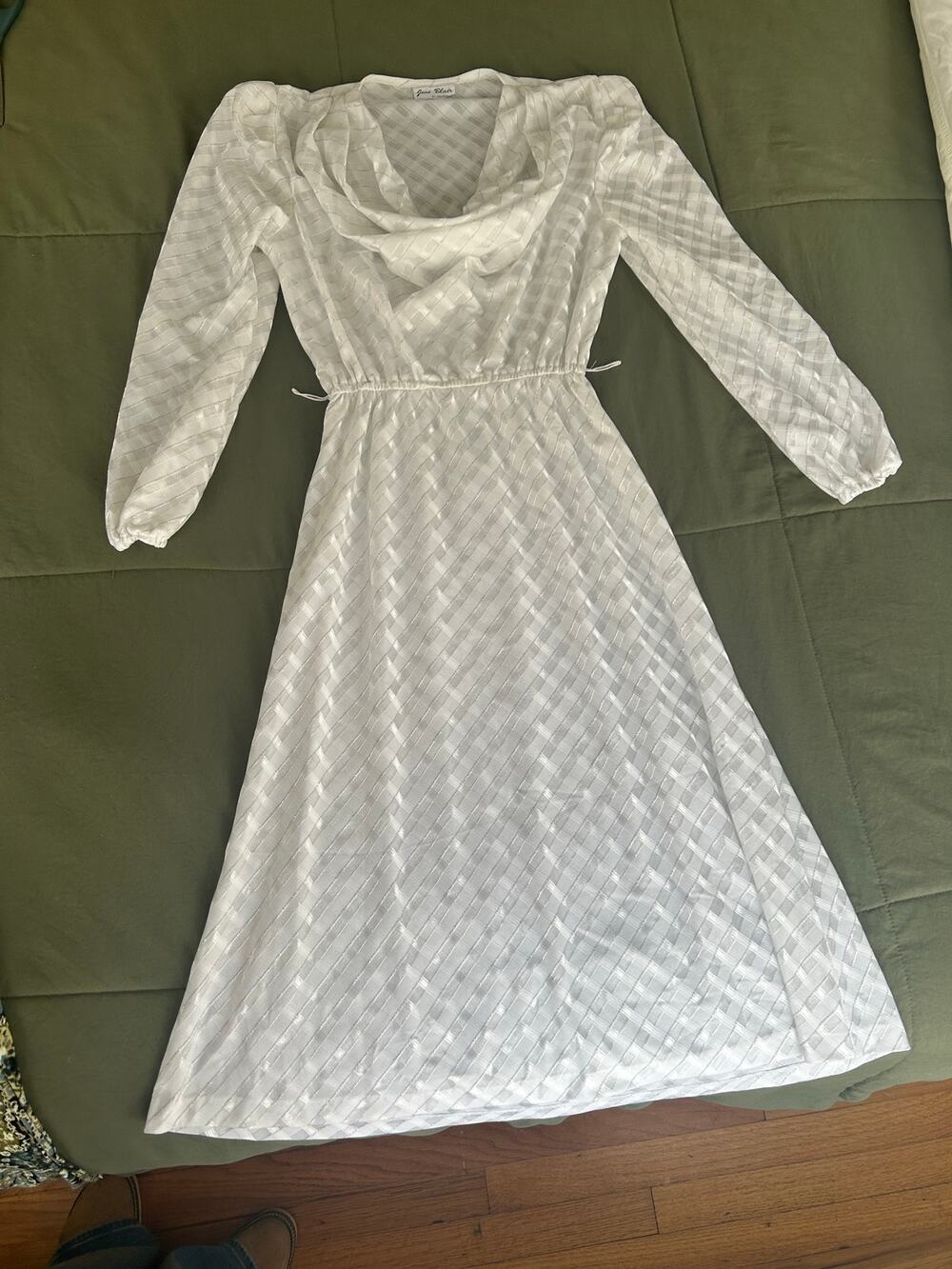 Vintage Joni Blair Dress XS White and Metallic Gingham Lightweight Long Sleeve